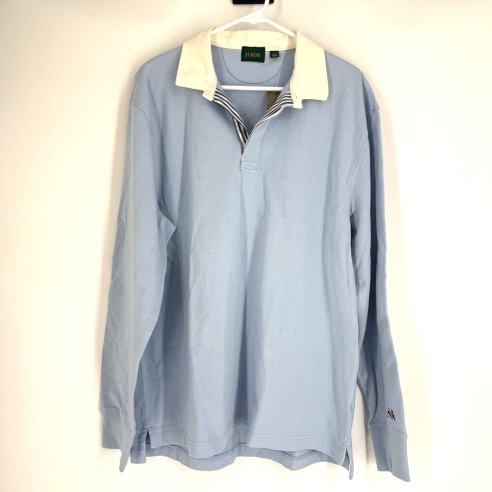J Crew Rugby Shirt Cotton Blue Preppy Elbow Pad Collared Professor Men Size L